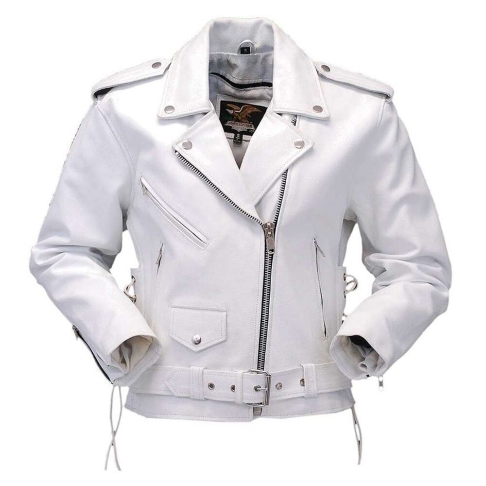 NEW 90s JAMIN LEATHER Womens XS Heavy Leather Jacket Moto Riding Biker WHITE